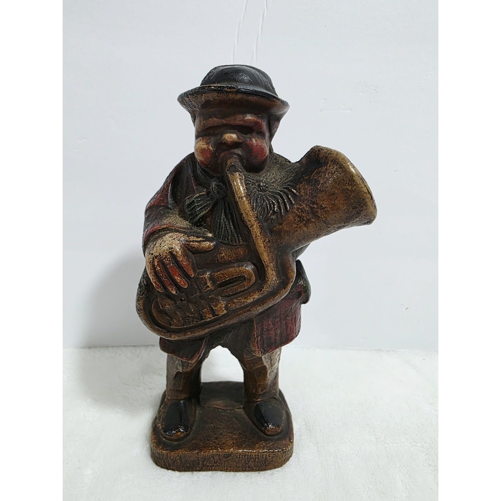 Composition Figure of Musician Man Playing Baritone Tuba 6" Hand Carved Wood